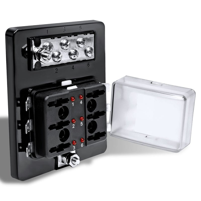 ONLINE LED STORE True Mods 6 Way Blade Fuse Box with Ground Negative Bus bar for Automotive [ATC/ATO Blade Fuses] [100 Amp] [LED] [Protection Cover] [12V - 30V DC] Auto Marine Ground Fuse Block - Image 1